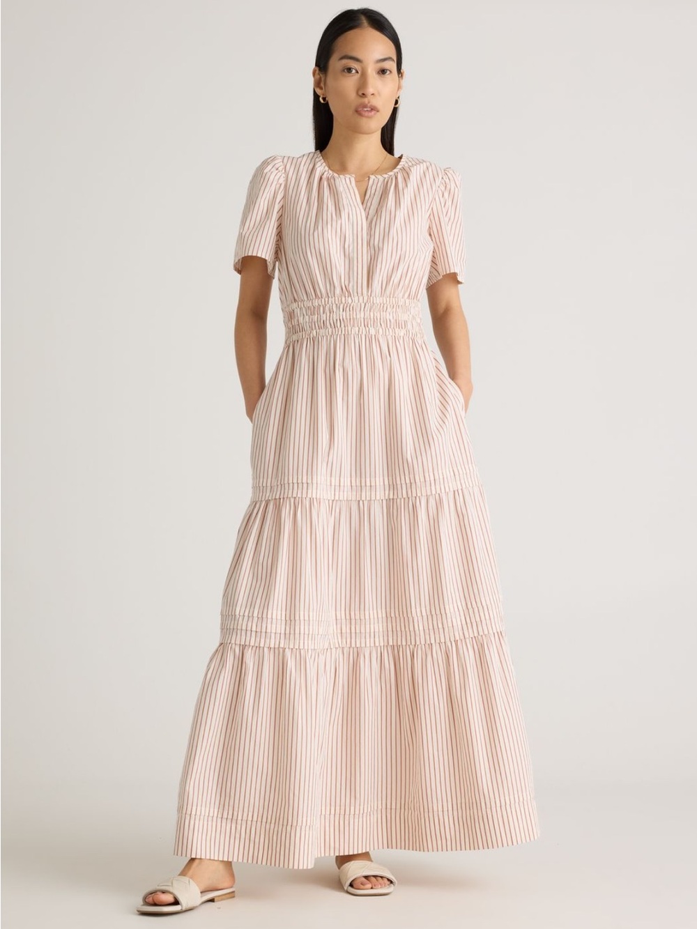 Quince 100% Organic Cotton Poplin Tiered Maxi Dress in Terracotta Stripe
